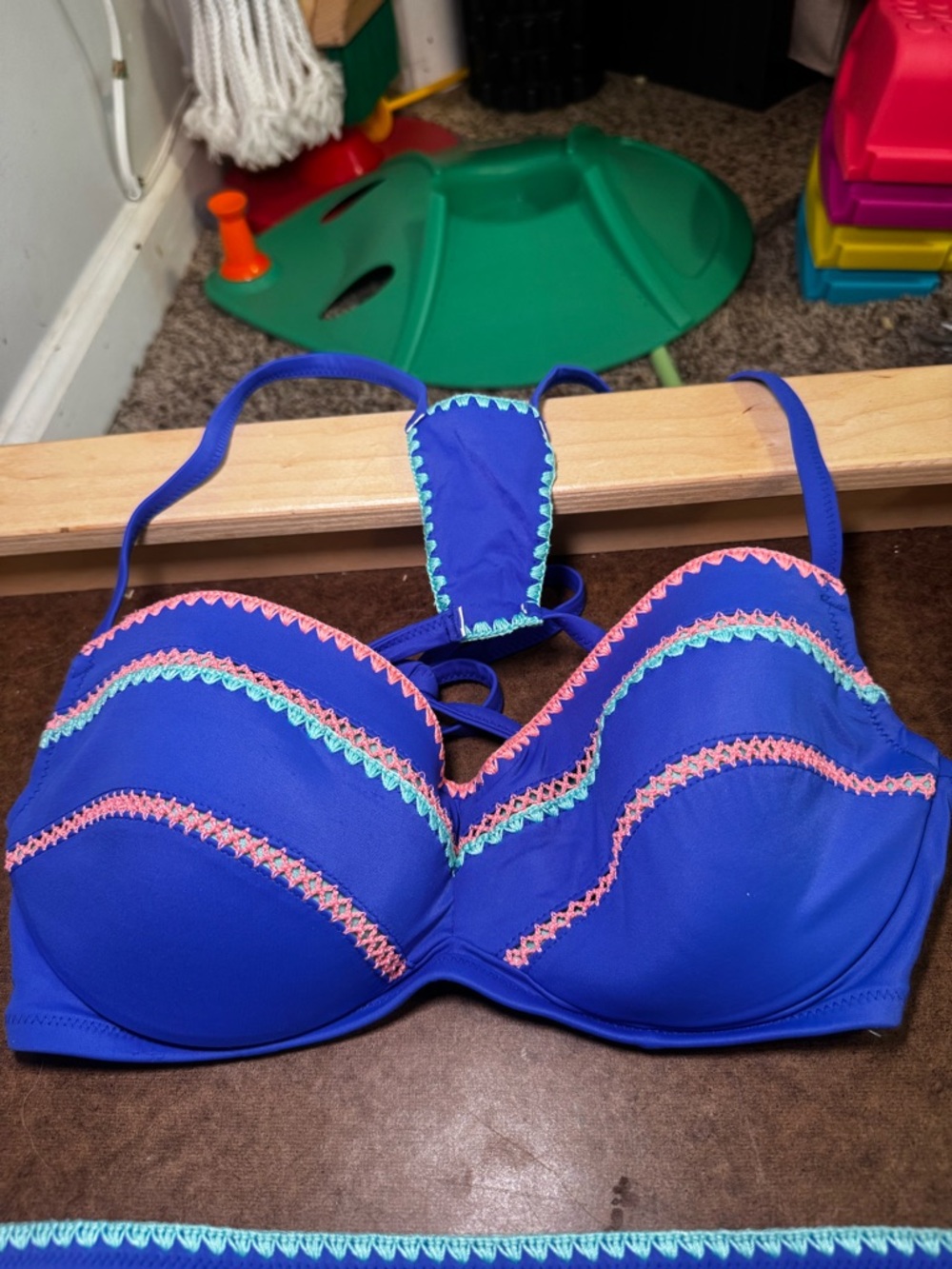 Shade and Shore Blue Two-Piece Bikini with Decorative orange and teal trim - Picture 3 of 7